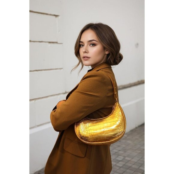 Women Gold Retro Classic Clutch Shoulder Tote Hand Bag With Zipper Closure - Picture 2 of 4